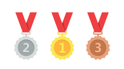 Wall Mural - gold, silver, bronze medal. 1st, 2nd and 3rd places. trophy with red ribbon. flat style - stock vect