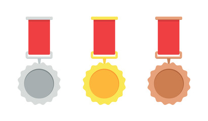 Wall Mural - Gold, silver, bronze medal. 1st, 2nd and 3rd places. Trophy with red ribbon. Flat style - stock vector.