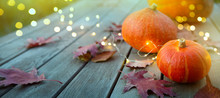 Thanksgiving Holiday Party Background, Autumn Pumpkin And Holidays Light Decoration