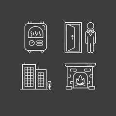 Canvas Print - Apartment amenities chalk icons set. High rise building, doorman. Central heater, fireplace. Convenient facilities. Isolated vector chalkboard illustrations