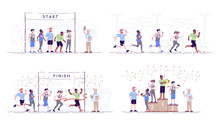 Marathon Flat Vector Illustrations Set. Competition Stages. Endurance Contest. City Running Championship. Start, Running Track, Finish And Rewarding. Sports Participants Isolated Cartoon Characters