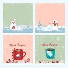 Set Of Christmas And New Year Greeting Cards Or Invitation. Cute Cartoon Polar Bear With Hot Chocolate And Coffee With Snowflakes Frame, Vector Illustration