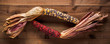 Two dried multicolored corn cobs on a textured, dark wood background