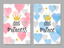 Baby Shower Card Set. Watercolor Invitation Cards Design For Baby Shower Party - Girl And Boy