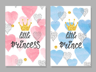 Baby shower card set. Watercolor invitation cards design for baby shower party - girl and boy