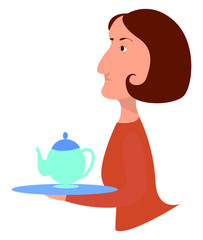 Sticker - Woman with teapot, illustration, vector on white background.