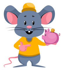 Wall Mural - Mouse with piggy bank, illustration, vector on white background.