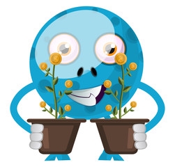 Poster - Blue monster with plants, illustration, vector on white background.