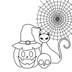 Sticker - pumpkins with cat in halloween scene