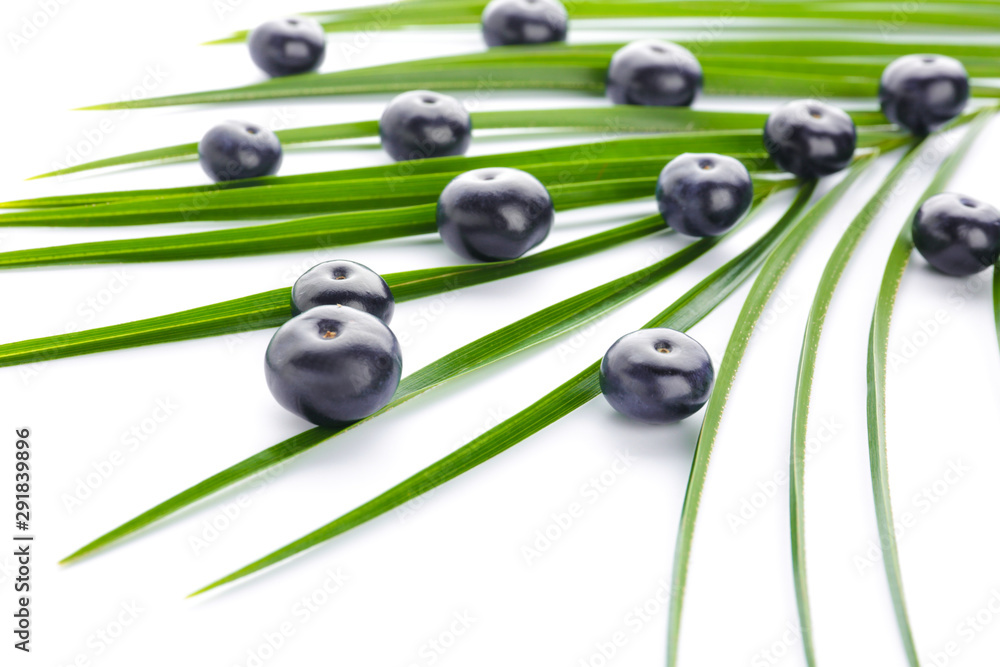 Fresh acai berries with tropical leaf on white background