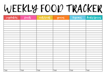 Wall Mural -  Weekly food tracker, comfortable planner for organiser. Concept of healthy eating, loosing weight.