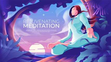 An illustration featuring a woman is meditating under the tree in the beautiful morning aside the sea