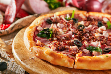 Sticker - Pizza Restaurant Menu - Delicious Fresh Pizza with Sausage, Melt Meat and Chicken. Pizza on Rustic Wooden Table with Ingredients