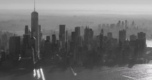 Black And White Aerial Shot, East-facing Examination Of Financial District, End Pan Focus On One World Trade Center, Drone