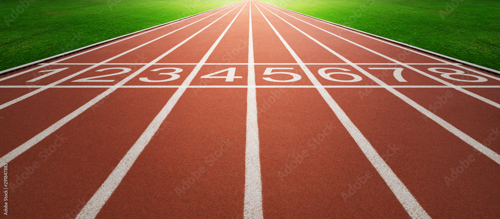 Athlete running track with number on the start . Perspective wide angle . - obrazy, fototapety, plakaty 