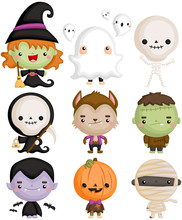 A Vector Set Of Cute Kids In Halloween Character Costumes