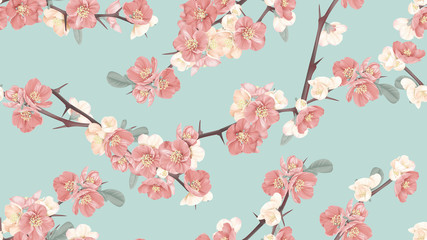 Wall Mural - Floral seamless pattern, Japanese quince flowers on blue, pastel vintage theme