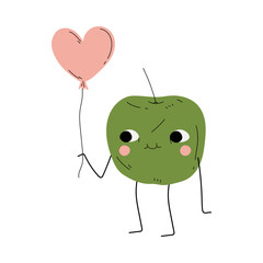 Poster - Cute Green Apple Standing with Pink Balloon, Cheerful Fruit Character with Funny Face Vector Illustration