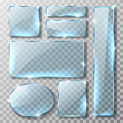 Glass banner or plate, set of realistic vector illustrations. Blank rectangular and round blue acrylic glass panel with reflection and glossy glow isolated on transparent background, button or badge