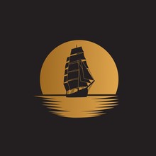 Ship Sailboat On The Ocean With Gold Moon Background Illustration Logo Design