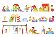 Kids Having Fun At Playground Set, Boys And Girls Playing With Toys, Sliding Down Slide, Climbing Ladder Vector Illustrations On A White Background