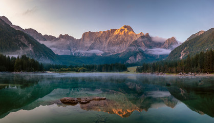 Wall Mural - panorama of a beautiful mountain lake in the italian julian alps-laghi di fusine