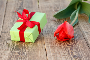 Gift box with tulip flower on the wooden background.