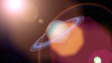 Wall Mural - uranus planet and rising sun on space. stars and sun flare, blue, beautiful planet with rings is rot