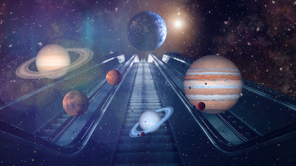 Wall Mural - stairway to cosmos. all planets of solar systems in front of stair. fantasy and surrealistic art ani