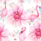 Watercolor seamless pattern. Floral print with flamingos and peonies. Hand drawn illustration