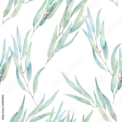 Watercolor seamless pattern. Vintage print with  eucalyptus branches. Hand dr...