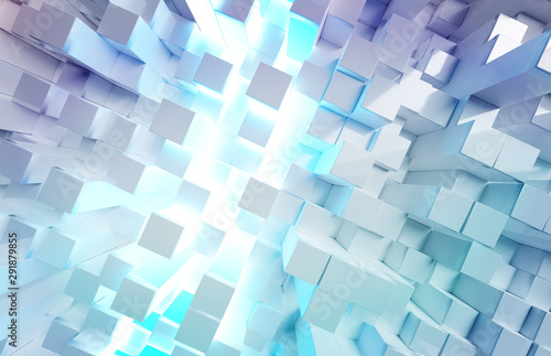 Glowing white and blue squares background pattern 3D rendering