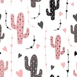 Cactus seamless pattern background Black pink grey cactus on white background. Fabric print