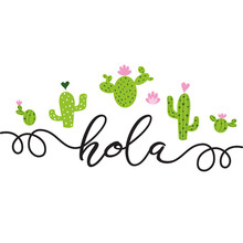Text Hello In Spanish Hand Drawn Cute Cactus Heart Love Cacti, Cute Greeting Card Template