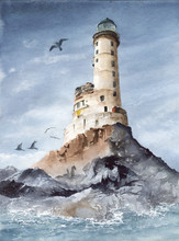   Watercolor Picture Of The Aniva  Cape Lighthouse On The Rocky Island With Blue Sky And Seagull