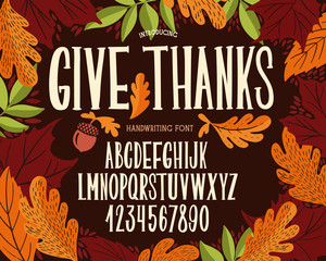 Wall Mural - Font thanksgiving day. Typography alphabet with colorful autumn illustrations.