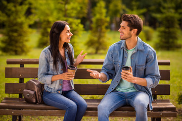 Poster - Portrait of his he her she nice attractive lovely charming cheerful cheery friendly married spouses wearing denim spending free spare time fresh air in green wood forest outdoors