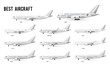 Different kind airplanes commercial models set vector illustration. Collection consist of modern types of best aircrafts flat style design. Large and small air passenger ship. Isolated on white