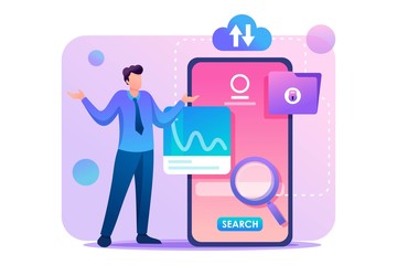 Wall Mural - young man is at a loss at the phone screen, searching for information. flat 2d character. concept fo