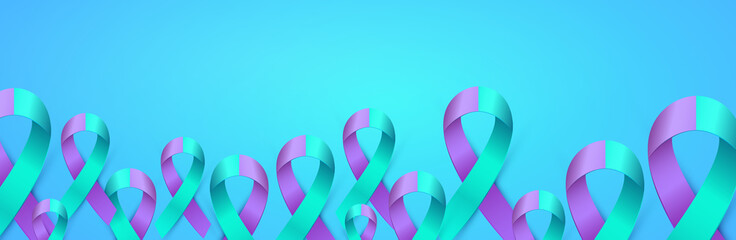 3d Purple Blue ribbon card to Suicide Prevention Awareness Month. Double colour Ribbon poster.