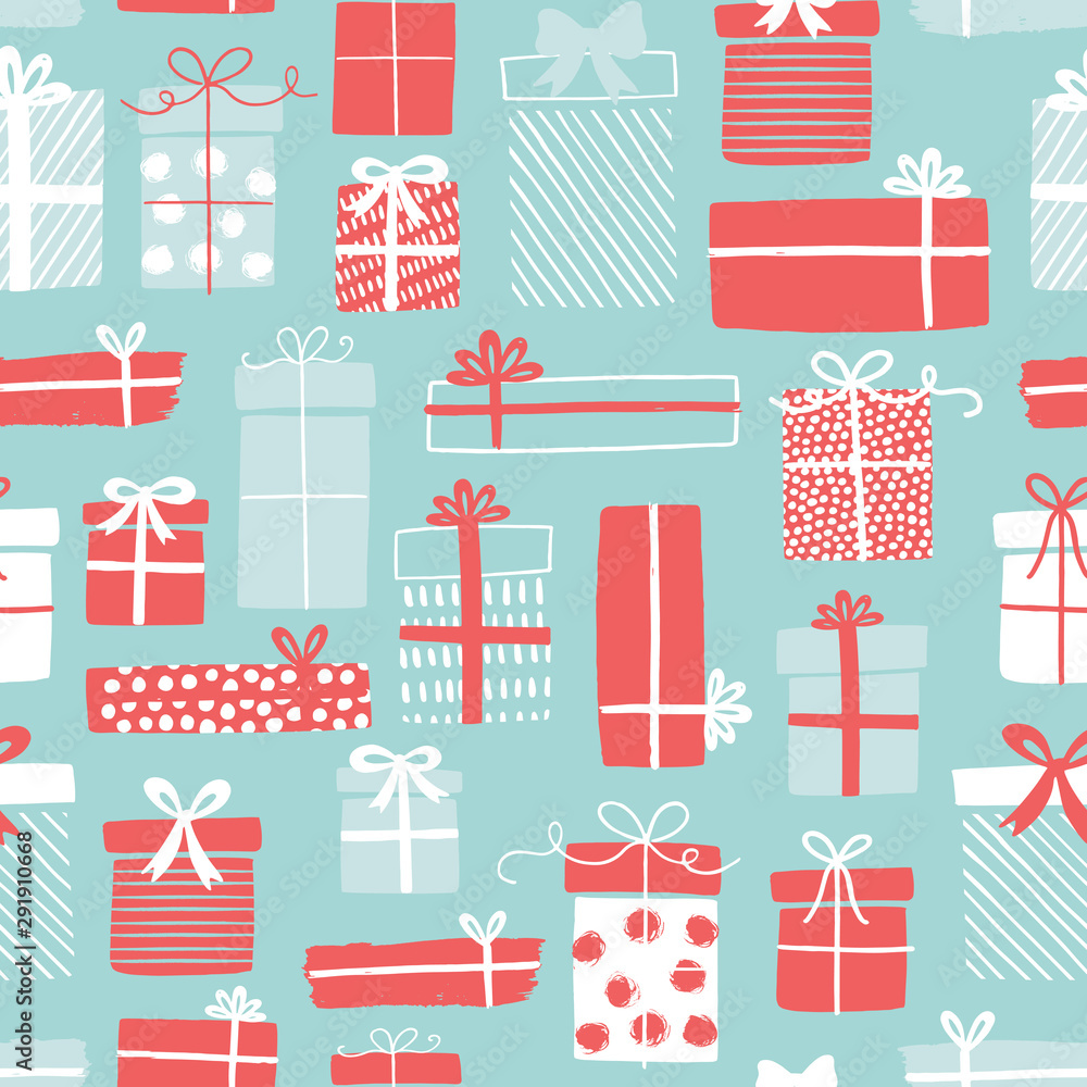 Christmas gift boxes pattern with ribbons in hand drawn doodle style ...