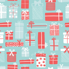Christmas gift boxes pattern with ribbons in hand drawn doodle style. Winter holiday background with presents. Seamless design for greeting cards, invitations, posters. 