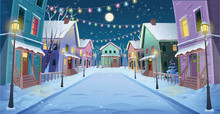 Panorama Road Over The Street With Lanterns And A Garland. Vector Illustration Of Winter City Street In Cartoon Style.