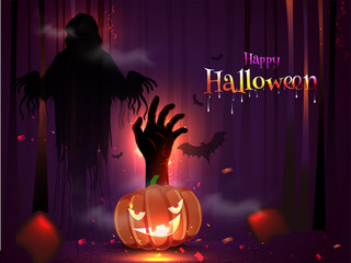 Sticker - Silhouette of ghost with jack-o-lantern and zombie hand on purple shiny haunted forest background for Happy Halloween celebration.