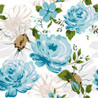 Beautiful blue roses pattern on a white background. Vector illustration.