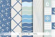 Set Of Blue And White Sea Seamless Patterns. Scrapbook Design Elements.