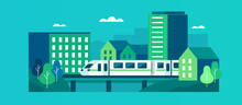 Modern City Center With Train, Buildings And Private Houses. Subway Train Rides At Railway Station. Urban Minimal Geometric Landscape. Cityscape Scene. Flat Cartoon Vector Illustration.