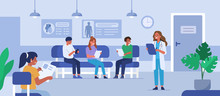 People Characters Sitting On Chairs And Waiting Appointment Time In Medical Hospital. Doctor Inviting Next Patient In Cabinet. Man And Woman In Queue At The Clinic. Flat Cartoon Vector Illustration.