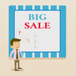 © Zofia - Word writing text Big Sale. Business photo showcasing putting products on high discount Great price Black Friday Young Male Businessman Office Worker Standing Searching Problem Solution