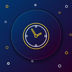 White and yellow line Clock icon isolated on dark blue background. Time symbol. Colorful outline concept. Vector Illustration